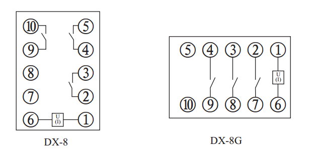 DX-8信號繼電器內部接線及外引接線圖 DX-8信號繼電器內部接線及外引接線圖