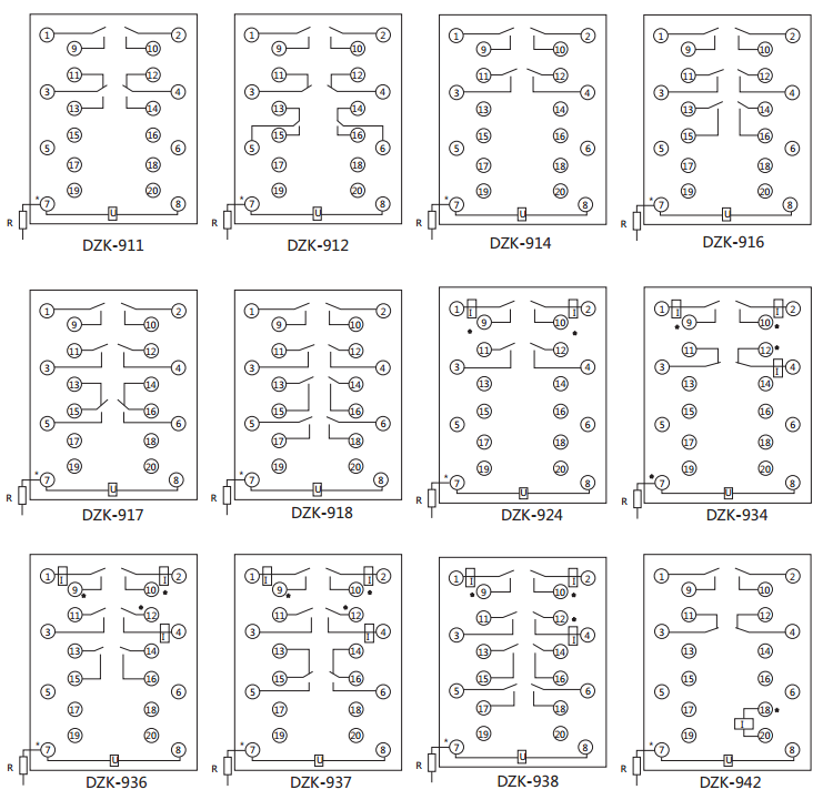 DZK-916快速中間繼電器內線接線及外引接線圖(正視圖) DZK-916快速中間繼電器內線接線及外引接線圖(正視圖)