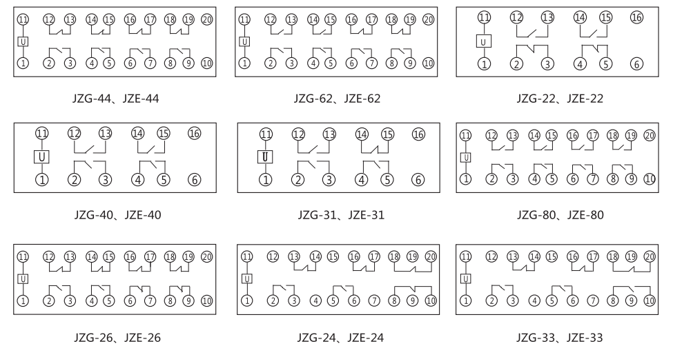 JZG-31卡軌式靜態中間繼電器內部端子外引接線圖 JZG-31卡軌式靜態中間繼電器內部端子外引接線圖