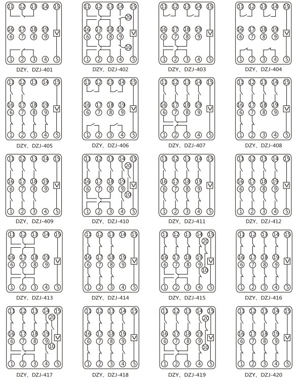 DZY(J)-419導(dǎo)軌式中間繼電器內(nèi)部端子外引接線圖(正視) DZY(J)-419導(dǎo)軌式中間繼電器內(nèi)部端子外引接線圖(正視)