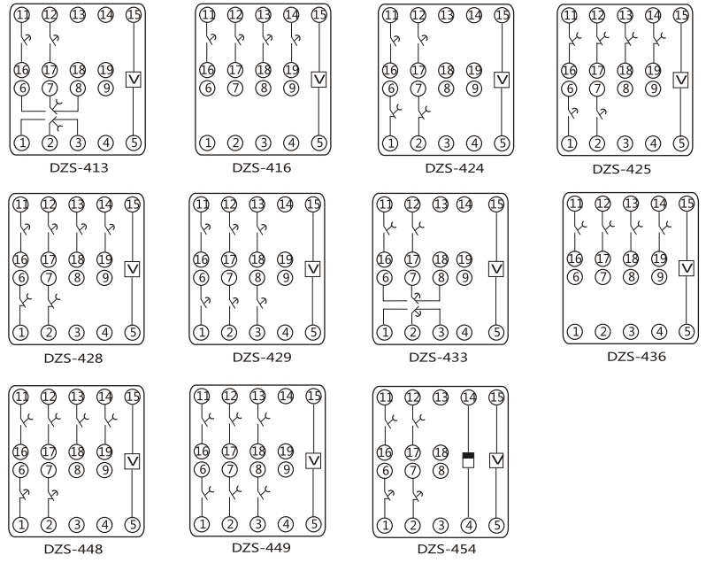 DZY(J)-419中間繼電器內(nèi)部端子外引接線圖(正視) DZY(J)-419中間繼電器內(nèi)部端子外引接線圖(正視)