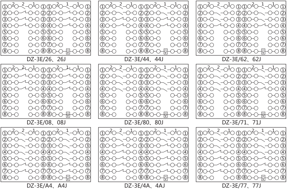 DZ-3E/44(J)中間繼電器內(nèi)部接線圖及外引接線圖 DZ-3E/44(J)中間繼電器內(nèi)部接線圖及外引接線圖