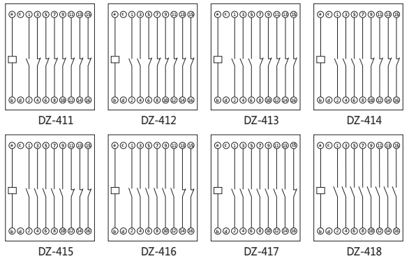 DZ-411中間繼電器內(nèi)部接線圖以及外引接線圖 DZ-411中間繼電器內(nèi)部接線圖以及外引接線圖